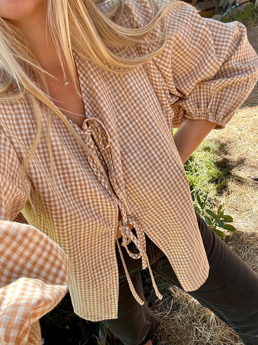 Gingham Puff Sleeve Tie Top